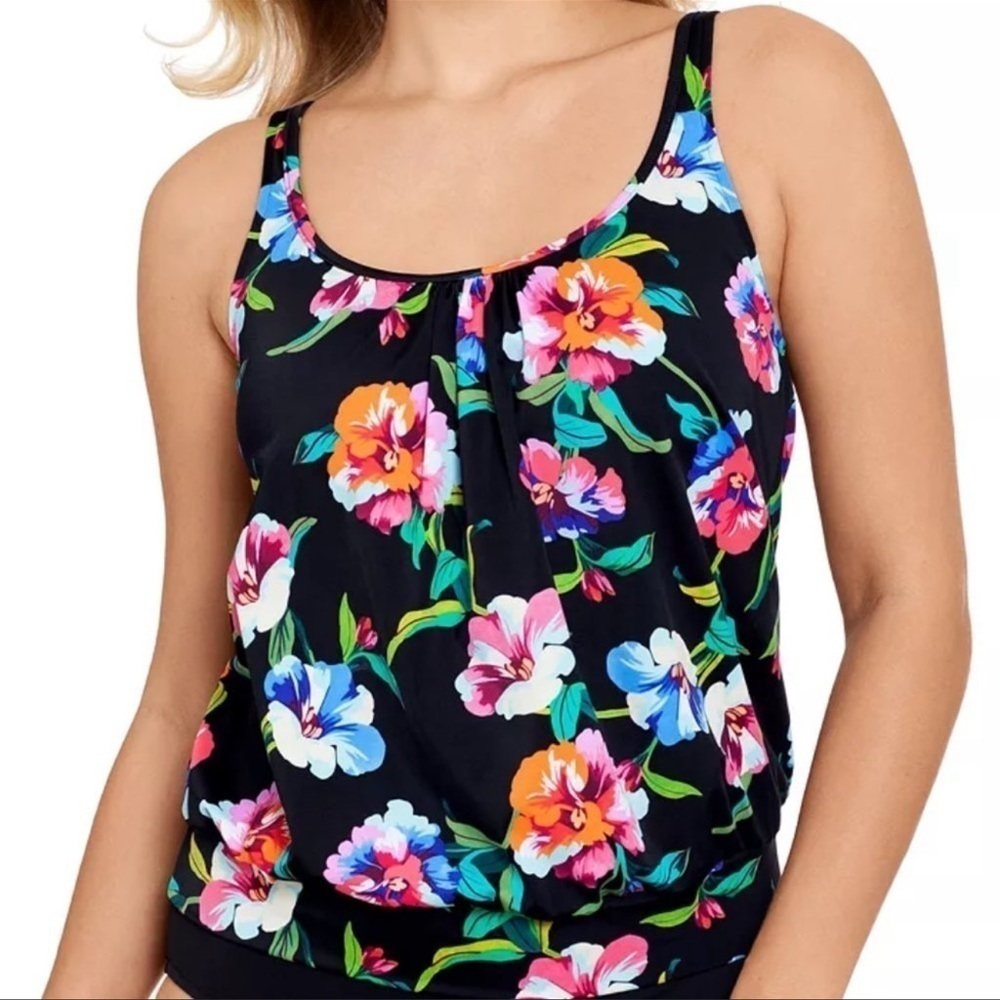 NWT Macy’s Swim Solutions Blouson Swim Top Black Tropical Floral 22W